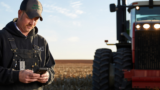 Farmer in grain field looking at mobile device. A tractor is in the background.