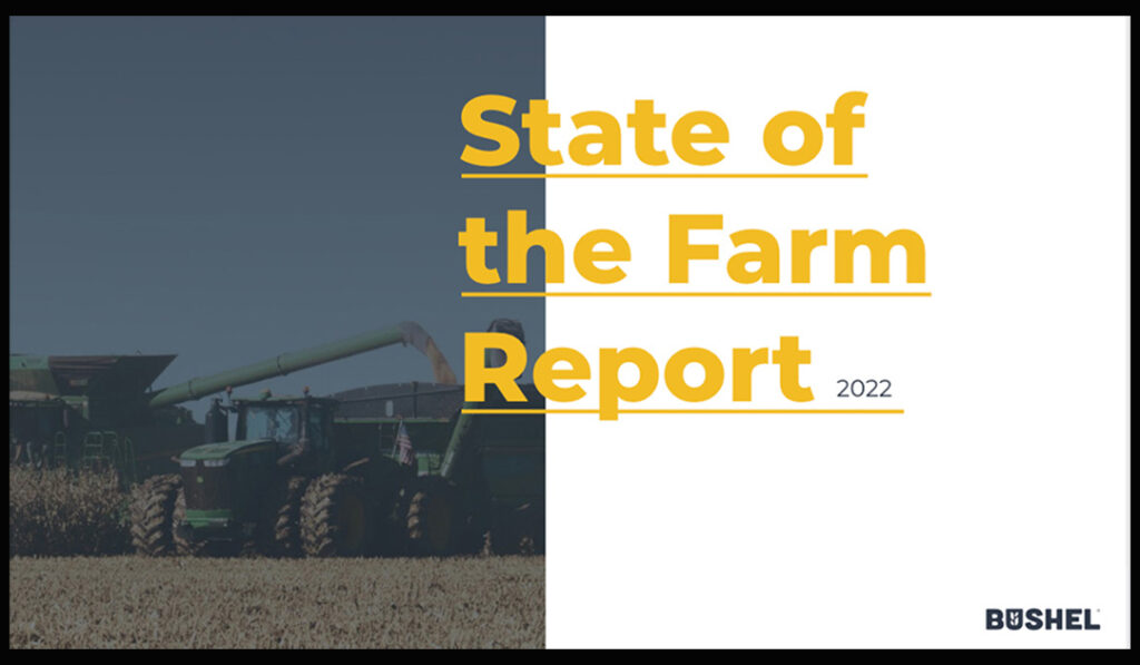 Text: State of the Farm Report 2022. Tractor in the background