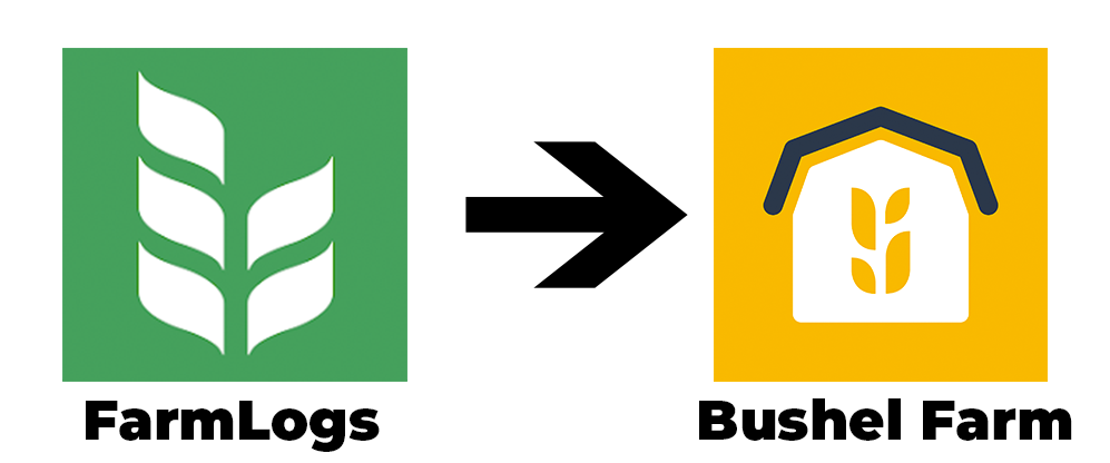 Green FarmLogs logo; Large black arrow pointing right; Yellow Bushel Farm logo