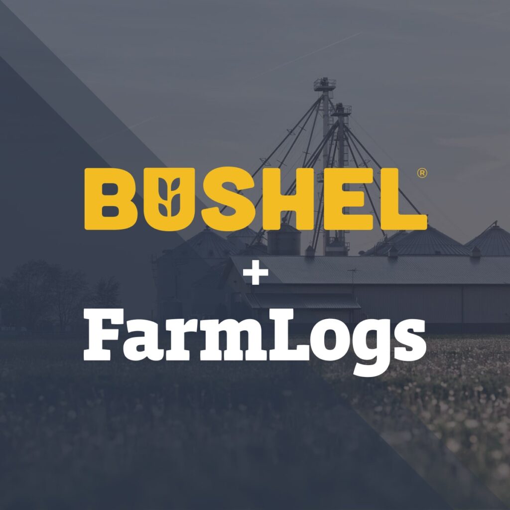 Bushel + FarmLogs logo with grain bins in background